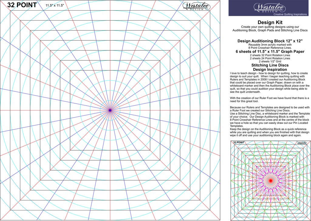Designer Kit includes an Auditioning Block, Graph Pads and Stitching Line Discs, reusable 3mm acrylic marked with 8 Point Crosshair Reference Lines