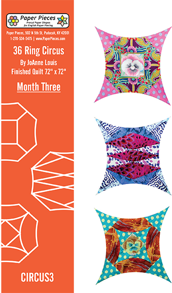 CIRCUS-M3, 36 Ring Circus Quilt Along Month #3 by JoAnne Louis. Contains Blocks #7-9.
