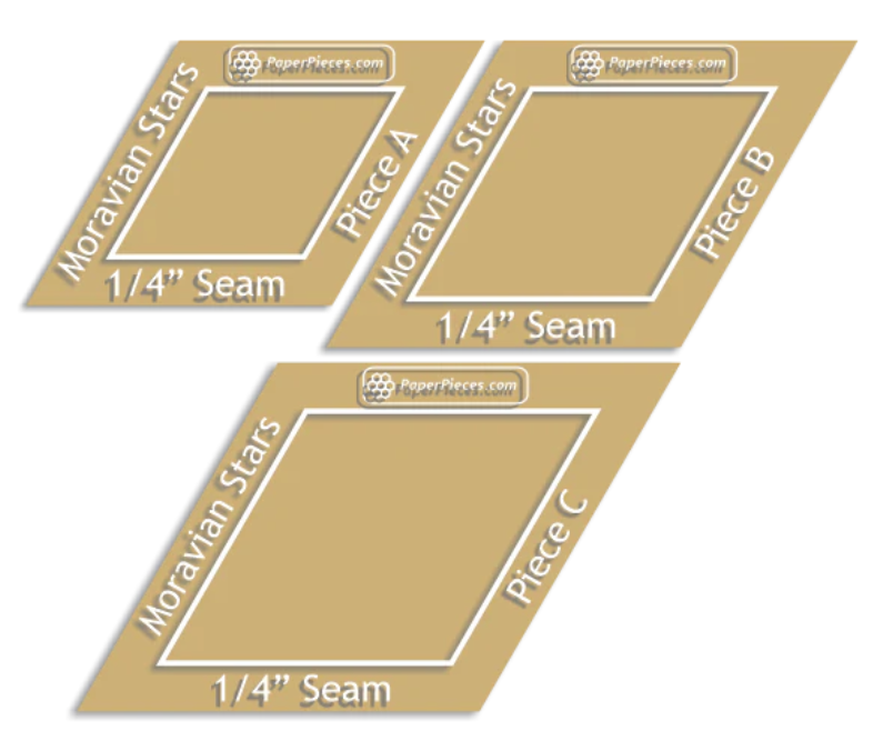 MORAVIANSTAR-025, Moravian Star (3 Piece) Acrylic Fabric Cutting Template Set with 1/4" Seam Allowances