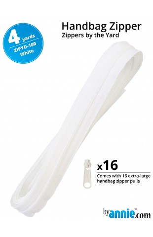 ZIPYD-100-WHITE, Zippers White, 4 yards (3,6 meter) 16 extra large zipper pulls ByAnnie